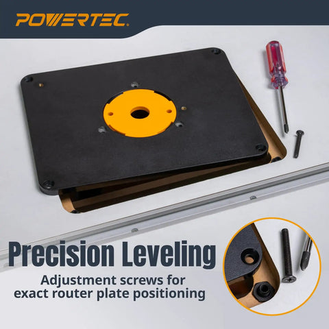 Close-up of a router plate with adjustment screws for 24 By 32 Inch Benchtop Router Table With Insert Plate, Laminated MDF Surface.