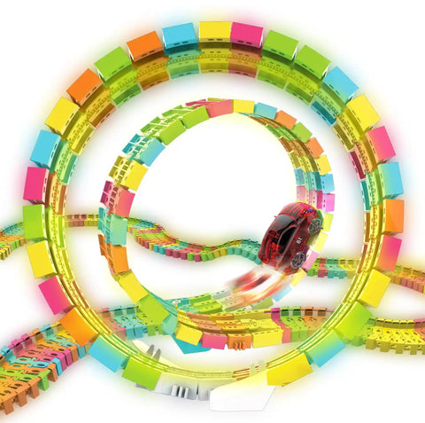 Brightly colored loop of Twister Tracks 360 Loop Neon Glow In The Dark Track Set With 13 Feet of Track and LED Light-Up Race Car.
