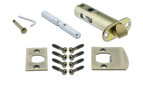 Old School Antique Brass Privacy Door Knob Set With Crystal Glass Knobs And Deco Plate components, including latch and screws.