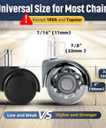 2-Inch Desk Chair Caster Wheels Set Of 5 For Carpet And Hardwood Floors, Smooth Quiet Rollers, Universal 11x22 Mm Fit
