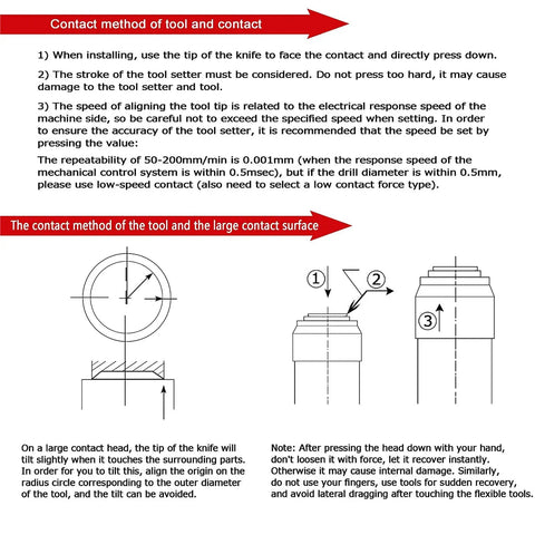 Diagram illustrating CNC Z Axis Tool Setter Gauge for Router Engraving Machine with usage instructions and tool contact methods.
