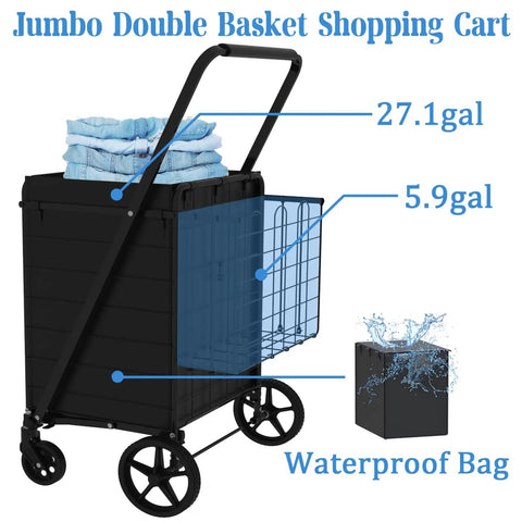 Heavy Duty Folding Grocery Cart With Jumbo Capacity And Waterproof Bag, featuring 27.1-gallon and 5.9-gallon baskets