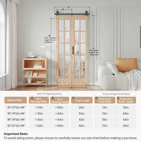 Double 15X84 Inch Spruce Wood Bifold French Glass Door With Smooth Barn Style Slider And Full Hardware Track Kit dimensions and installation guide.