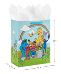 Sesame Street Large Gift Bag With Tissue Paper Featuring Big Bird Elmo Grover Cookie Monster And Friends For Birthdays Christmas And Back To School 13 Inch Tall Oversized Gift Bag displayed with dimensions