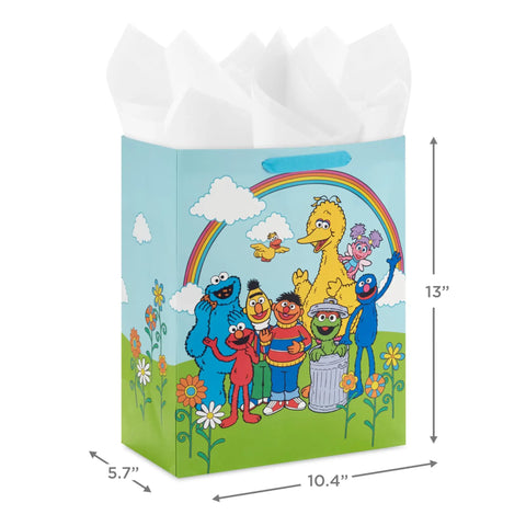 Sesame Street Large Gift Bag With Tissue Paper Featuring Big Bird Elmo Grover Cookie Monster And Friends For Birthdays Christmas And Back To School 13 Inch Tall Oversized Gift Bag displayed with dimensions