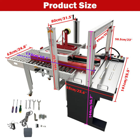 Automatic Carton Sealer And Strapping Machine For Shipping Boxes Dual Function Carton Tape Sealer High Speed Box Packing With No Sweat Operation And Big League Throughput Rating dimensions showing product size and components