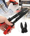 Beefy Heavy Duty Multi Function Terminal Crimping And Wire Stripper Pliers With Carbon Steel Blades, close-up view in use.