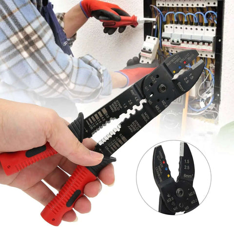 Beefy Heavy Duty Multi Function Terminal Crimping And Wire Stripper Pliers With Carbon Steel Blades, close-up view in use.