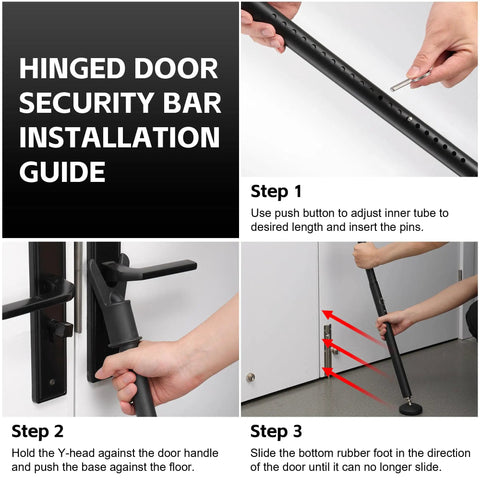 Adjustable Sliding Glass Door Security Bar 2 Pack Black Jammer Stopper installation guide and usage steps.