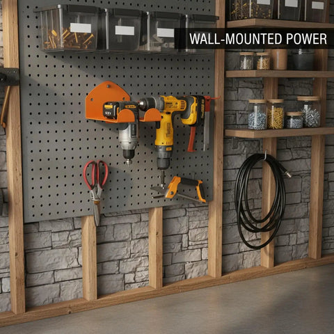 Orange Wall Mounted Tool Rack For Power Tools And Garden Gear Compact Garage Organizer with drills on pegboard wall.