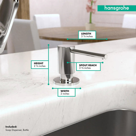 Focus Series 3 Inch Soap Dispenser For Bath And Kitchen Sink Chrome Finish Modern Countertop Pump With 16 Oz Refillable Bottle Above Counter Height Two And Three Quarters Inches Durable Chrome Look Easy Refill, mounted on white countertop