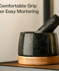 Heavy Duty 1 Cup Granite Mortar And Pestle Set For Spices And Herbs Molcajete Style Stone Grinder With Non Slip Wooden Base
