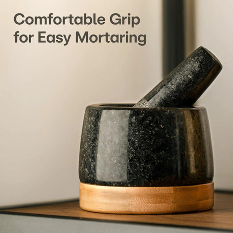 Heavy Duty 1 Cup Granite Mortar And Pestle Set For Spices And Herbs Molcajete Style Stone Grinder With Non Slip Wooden Base
