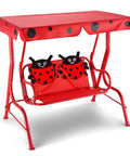 Two Seat Porch Swing With Adjustable Canopy And Stand, Kid Friendly Outdoor Swing Bench, red metal frame, ladybug design