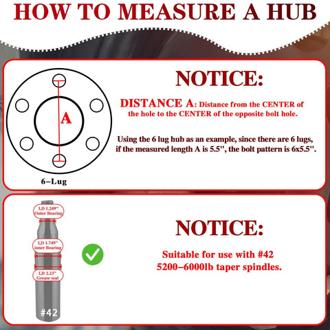Amazon LUXTRKSTO front view trailer hub kit infographic for 6-lug, 5200–6000 lb tapered spindles.