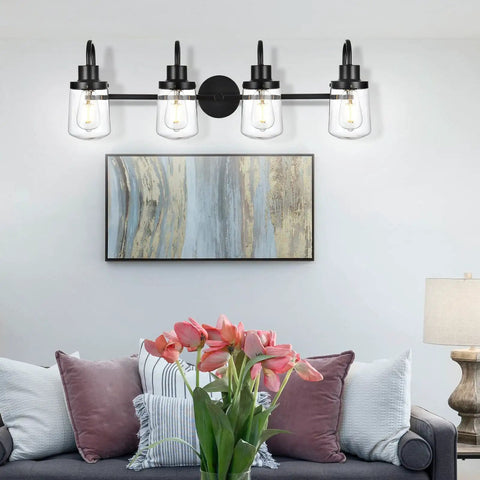 Four Light Black Vanity Light Fixtures With Clear Glass Shades Dope Industrial Wall Sconces For Bathroom Hallway Kitchen Living Room Modern Rustic Indoor Lighting mounted above a living room sofa