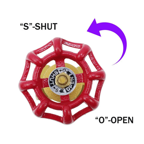 Red brass gate valve with wheel handle, 3/4-inch, indicating S-Shut and O-Open.