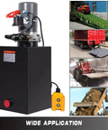 Heavy Duty 15 Quart DC 12V Hydraulic Power Unit with Double Acting Pump for Car Lifts and Dump Trailers, metal reservoir displayed