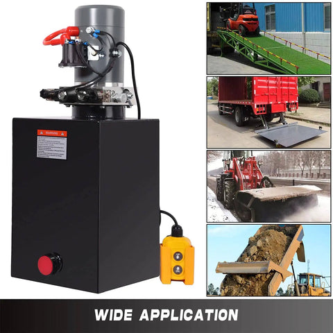 Heavy Duty 15 Quart DC 12V Hydraulic Power Unit with Double Acting Pump for Car Lifts and Dump Trailers, metal reservoir displayed