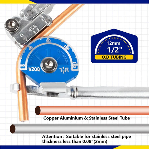 Heavy Duty 1/2 Inch Manual Tubing Bender With Smooth Roll Action Perfect For Bending Copper And Steel Pipes Up To 180 Degrees showing precision gauge for 12mm tubing.