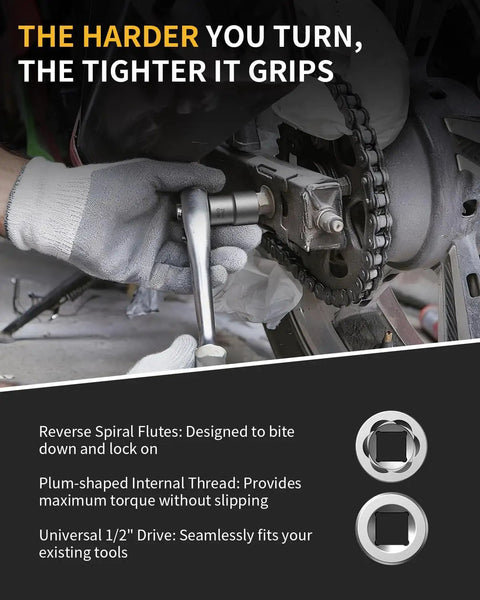 Gloved hand using Heavy-Duty 16-Piece Bolt Extractor Kit For Half Inch Drive Impact on motorcycle part, text overlay.