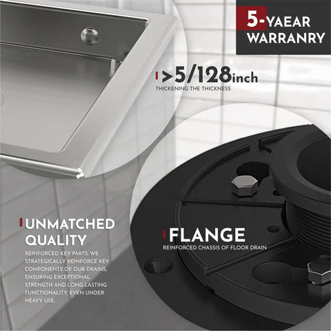 Close-up of the 6 Inch Square Shower Drain With Brushed Finish, showing flange details and quality assurance highlights.