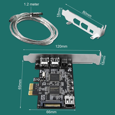 High Speed Firewire 400 PCIe Expansion Card With Four 1394A Ports, 3x 6Pin And 1x 4Pin, Includes Cables And Low Profile Bracket, Works With Windows And Mac OS, TI TSB43AB23 Chipset For Smooth Video Transfer, shown with cable and bracket