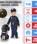 Child in police uniform with Remote Control Police Car With Lights And Sirens For Kids 1 To 8 Scale RC Cop Truck