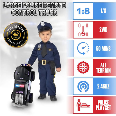 Child in police uniform with Remote Control Police Car With Lights And Sirens For Kids 1 To 8 Scale RC Cop Truck
