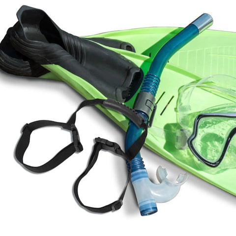 Elastic Dive Tank Strap With Handle For Portable Scuba Cylinder Band beside snorkeling gear on green flippers
