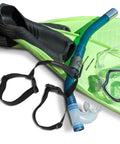 Snorkel gear with green fins, mask, and tube alongside sturdy cylinder transport accessory for secure, quick tank handling on the go.