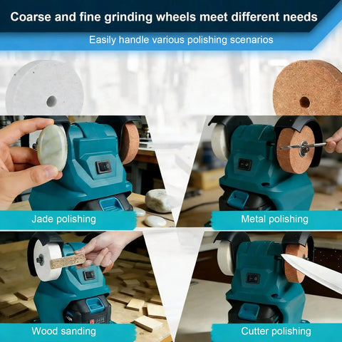 Heavy Duty 150W Bench Grinder With Lithium Battery And Full Copper Motor, showing wheels for jade polishing and wood sanding.