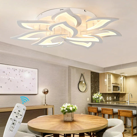 Modern 10 Head Dimmable LED Ceiling Light With Remote Control, Metal And Acrylic Petal Design in a dining area scene