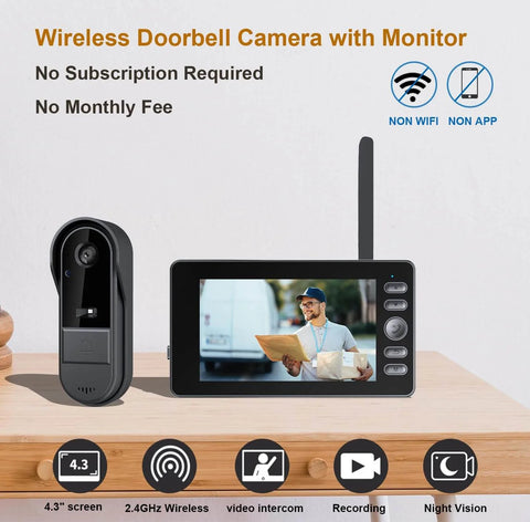 Wireless Video Doorbell With No Subscription No WiFi No App Needed 1080P HD Video 4.3 Inch Screen shown with components