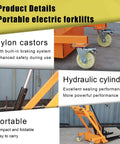 Dude, this electric stacker is legit awesome for your warehouse or workshop. Nylon castors and hydraulic cylinder details.