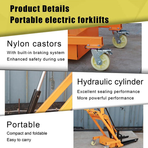 Dude, this electric stacker is legit awesome for your warehouse or workshop. Nylon castors and hydraulic cylinder details.