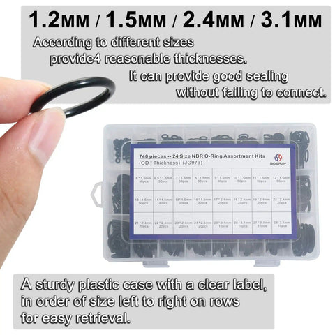 Hand holding O-ring with labeled case of 740 Piece Universal O Rings Set In 24 Sizes with 4 Tools for faucet plumbing repair.