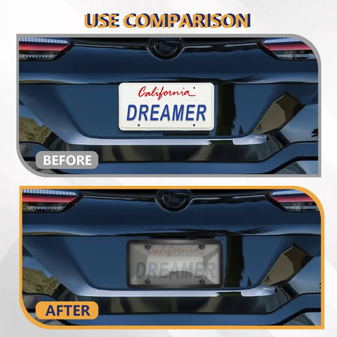 Before and after comparison of license plate with 2 Pack Clear License Plate Protectors With Unbreakable Transparent Frames