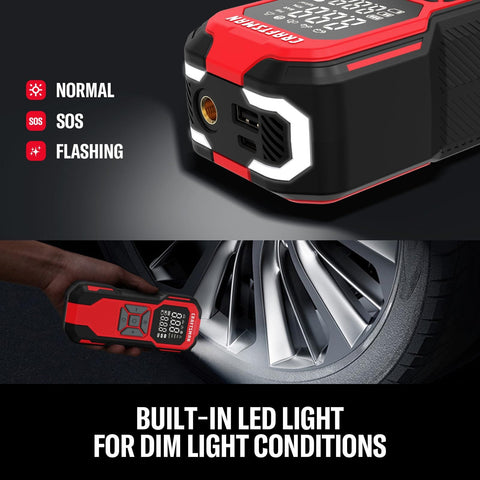 Cordless Tire Inflator With Digital Pressure Gauge showing built-in LED light and safety modes for dim conditions