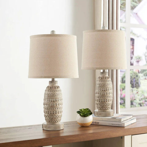 Rustic Dual USB Table Lamps Set Of 2 For Bedroom And Living Room 3 Way Dimmable Nightstand Lamps With Linen Fabric Shades Built In USB Ports Modern Classic Lighting Includes LED Bulbs displaying beige ceramic bases with linen shades on a table stand.