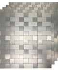 5 stacked 12x12 silver aluminum tiles, showing the texture of 10 Pack Self Adhesive Metal Backsplash Tiles For Kitchen Or Bathroom Peel And Stick.