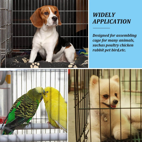 Pets including a dog, birds, and a cat in cages, highlighting the 900 Piece Wire Cage Clips Kit With 1 Snap Plier For Chicken Coops And Pet Cages Hog Ring Pliers Set.