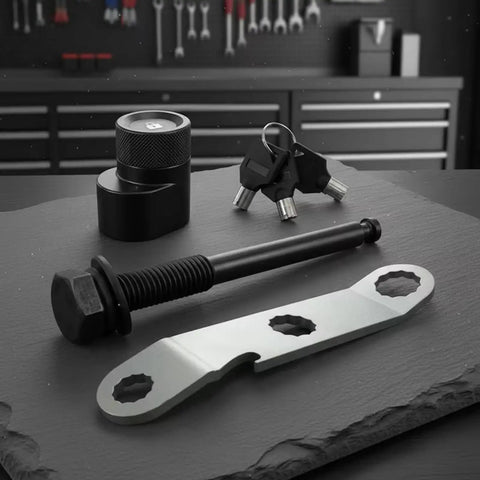 Heavy Duty Trailer Lock Bolt And Hitch Pin Replacement For Bike Racks Anti Theft Security Fastener With Keys And Wrench Plate on workbench