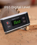 Built Tough Digital Angle Finder With V Groove Magnetic Base And Bright Backlight Hella Precise IP65 Waterproof Smart Level Protractor Gauge measuring 38.00 degrees on wood.