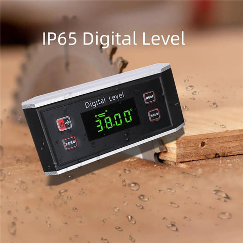 Built Tough Digital Angle Finder With V Groove Magnetic Base And Bright Backlight Hella Precise IP65 Waterproof Smart Level Protractor Gauge measuring 38.00 degrees on wood.