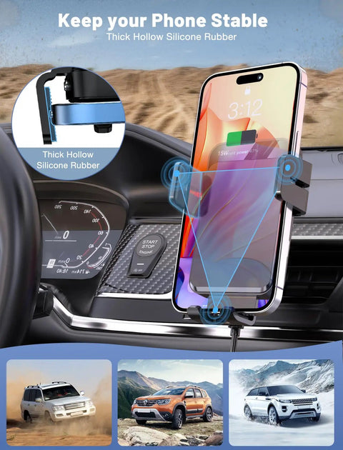 Auto Clamping Wireless Car Charger Mount With Air Vent Holder 15W 10W 7.5W Fast Charging for iPhone in car dashboard view