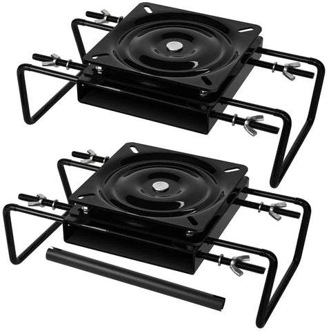 Clamp On Boat Seat Pedestal Mount With 360 Degree Swivel For Jon Boats Kayaks And Fishing Boats With Benches And Bass Skiffs Adjustable From Seven And A Half Inches To Eighteen Inches Powder Coated Galvanized Steel showing pair of black, adjustable mounts with 360-degree swivel steel design.