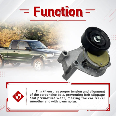 Premium 90K-38488 Serpentine Belt Tensioner Idler Pulley Kit, black pulley on aluminum bracket for Toyota V8 engine use