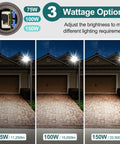 LED Parking Lot Light 150W, 100W, 75W Adjustable, showing three wattage options illuminating driveways
