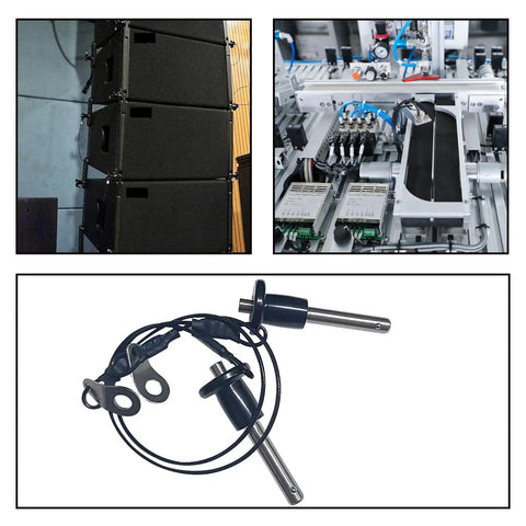 Two Pack 304 Stainless Steel Ball Locking Pins With Quick Release Push Button And 24 Cm Lanyard Cable shown with machinery applications